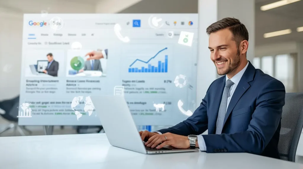 A professional person work on the laptop abou the google ads for the Google Ads for Financial Advisors get the more leads by the google ads