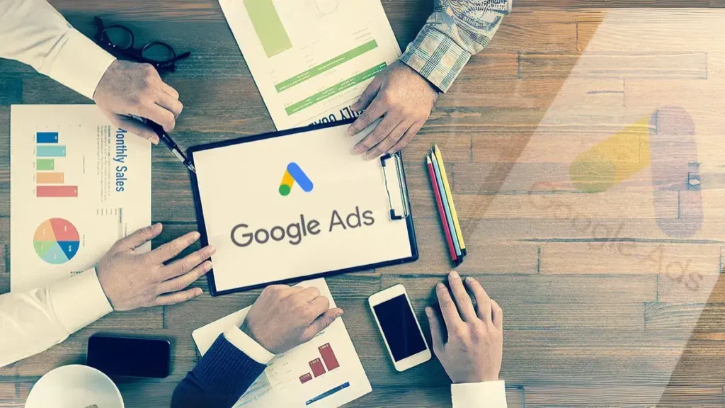 Three people sit at a table with charts, graphs, and a tablet displaying the Google Ads logo, discussing digital marketing strategy and analytics.